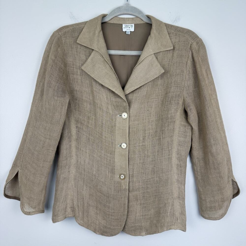Vtg Armani Collezioni Linen Blazer Size 8 Tan Tailored Unstructured Italy Career